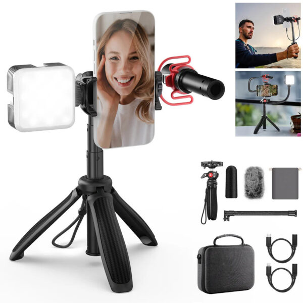 Culpixel PA045 Vlogging Kit with LED Light/Selfie Stick Tripod/Mic for Smartphones